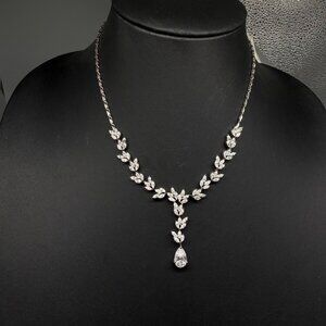 Bridal Cubic Zirconia Silver Necklace Leaf & Teardrop Design 16.5 Inches